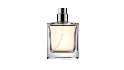 Transparent, filled square perfume bottle with a silver sprayer