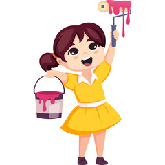 Happy young girl in yellow dress holding pink paint bucket and roller with pink paint dripping down during creative activity isolated on white background