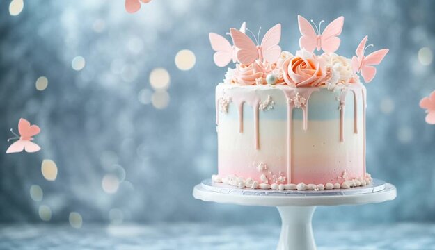 dreamy pastel cake with delicate gradient hues of soft pink and light blue, elegantly placed on a white cake stand. Smooth, glossy icing drips gently from the top, creating a luxurious effect