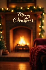 Cozy Christmas card with a warm fireplace background that is softly blurred