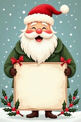 Cute cartoon Santa Claus with a jovial smile, rosy cheeks, and a fluffy white beard, wearing a red hat and a green coat, holding a blank white sign with a subtle wooden texture