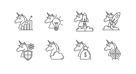 Collection of whimsical unicorn line art elements for enchanting designs vector