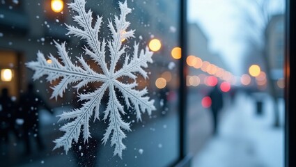 Delicately intricate snowflake patterns, delicately etched on the frost-covered glass window, create a mesmerizing contrast against the blurred backdrop of the bustling urban office.