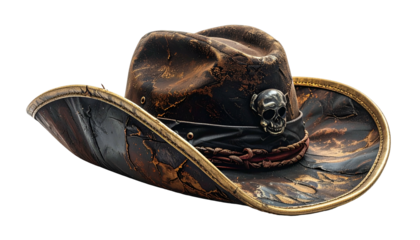 Weathered cowboy hat with skull detail, dark brown tones.