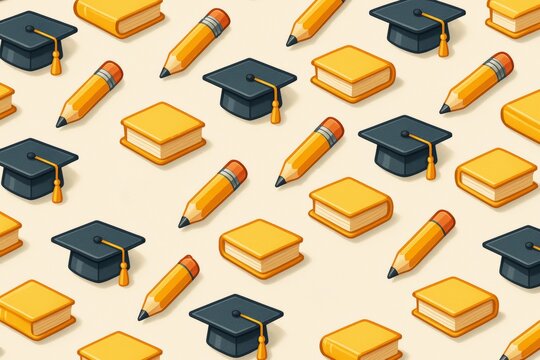 Seamless pattern with graduation caps, pencils, and books on light background in abstract educational style. Ai generative. Ai generative