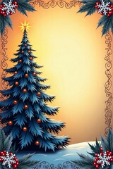 Holiday greeting card with a majestic Christmas tree silhouette set against a warm