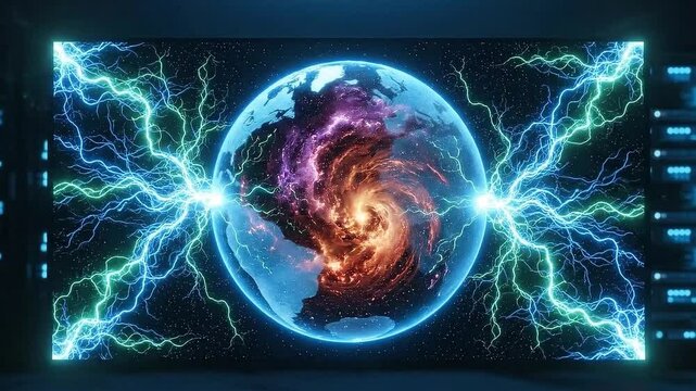 Glowing earth globe with electrical energy surrounded by server racks in a dark blue room space - Powered by Adobe