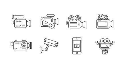 Collection of diverse camera icons representing various video recording devices for multimedia projects vector
