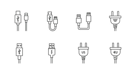 Set of hand drawn usb and power plugs simple line art icons for digital technology vector
