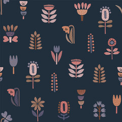 Seamless dark design in Scandi folk style with simple flowers in pink, blue, and beige tones.