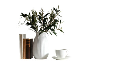 Still life A white vase with leaves, books, and a teacup on a black background