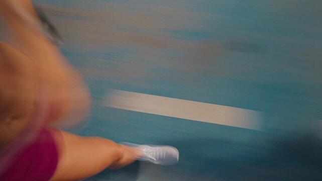 Dynamic close-up of a woman's legs in motion, running on a wet park trail. Captured with a slow shutter for motion blur effect. High quality 4k footage