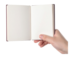 Hand presenting an open, blank passport, showing the empty pages, isolated on transparent background, png