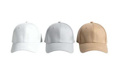 Three plain baseball caps in white, gray, and beige, against a black background