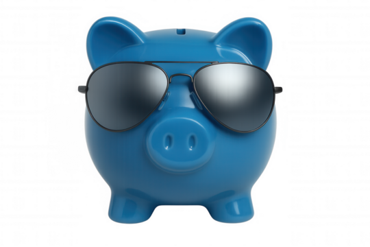 Blue piggy bank wearing sunglasses representing smart financial planning, savvy saving, and wealth investment