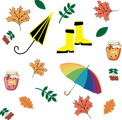 Vector autumn set with umbrellas, boots and leaves
