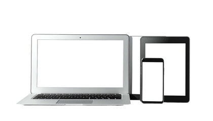 Grouping of blank-screened laptop, tablet, and smartphone, isolated on black background