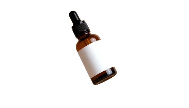 A brown glass bottle with a dropper and blank white label floats against a black background
