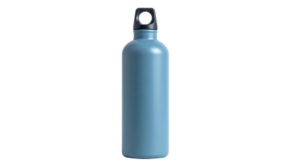 A cylindrical, light blue water bottle with a black cap and handle against a dark background