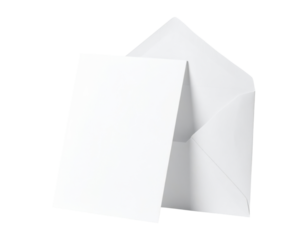 Blank 5x7 inch invitation card mockup leaning against an open envelope, isolated on transparent background, png