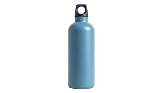 A cylindrical, light blue water bottle with a black cap and handle against a dark background