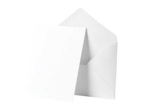 Blank 5x7 inch invitation card mockup leaning against an open envelope, isolated on transparent background, png