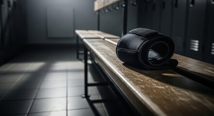 Boxing glove on wooden bench in dimly lit gym locker room