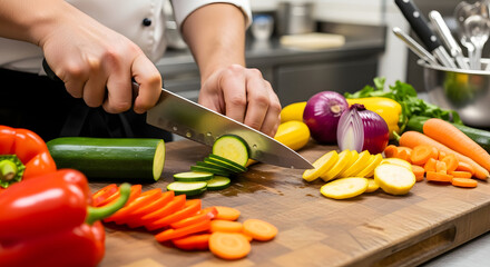 A chef slicing zucchini on a wooden cutting board with other vegetables in a professional kitchen