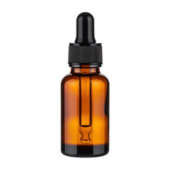Blank amber glass dropper bottle with a black cap, for cosmetic serum or essential oil, isolated on transparent background, png
