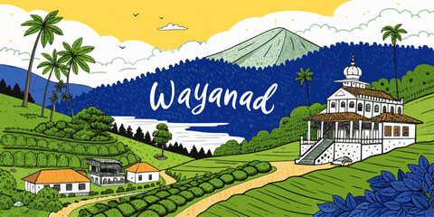 Sketch of Wayanad Kerala with Landmarks and Text &ldquo;Wayanad&rdquo; | Artistic Line Art for Tourism Promotion, Souvenir Design, Travel Poster