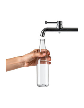 Hand holding a blank clear glass bottle under a minimalist silver tap, representing a refill station , isolated on transparent background, png