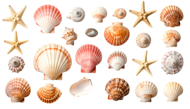 Seashell and starfish collection against a black background