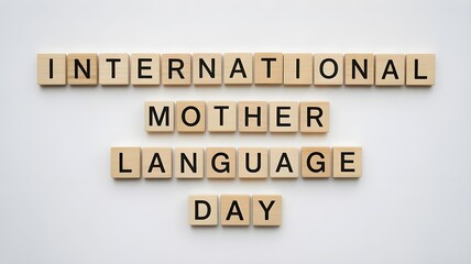 Top view of the word international mother language day laid out from square wooden tiles isolated on white background. World and international day.