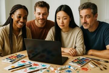 Group of diverse artists watching laptop together surrounded by watercolor tools and paint on wooden table in well-lit indoor background. Ai generative