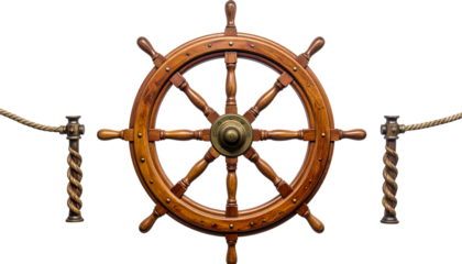 Ship's wheel between ropes, dark backdrop, navigational object