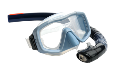Snorkeling mask, blue trim, transparent lens, snorkel attached