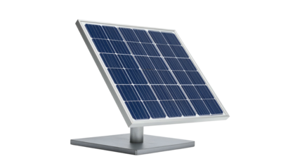 Solar panel, grid-patterned cells, angled on a stand, against black