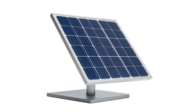 Solar panel, grid-patterned cells, angled on a stand, against black