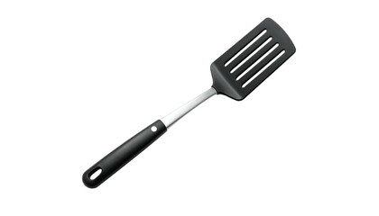 Black slotted spatula with a long handle on a black background