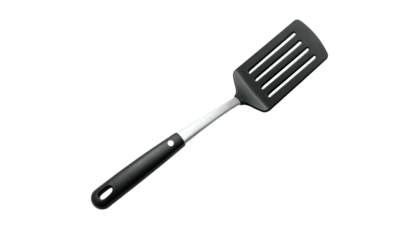 Black slotted spatula with a long handle on a black background