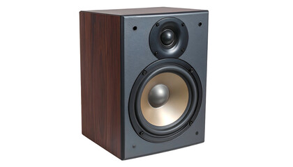 Fototapeta premium Dark wood grain speaker with gray face and gold tweeter and woofer