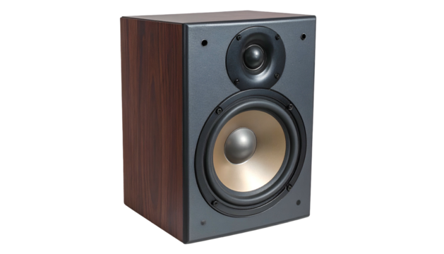 Dark wood grain speaker with gray face and gold tweeter and woofer