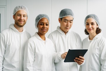Group of diverse industrial workers in cleanroom suits using tablet in modern lab environment against a bright white background. Ai generative