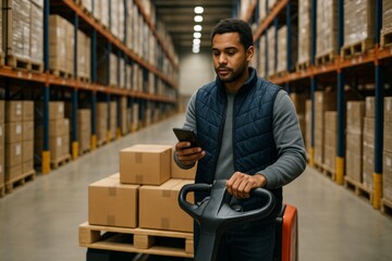 Warehouse worker using smartphone while transporting cardboard boxes on pallet jack inside large storage facility with industrial background lighted. Ai generative