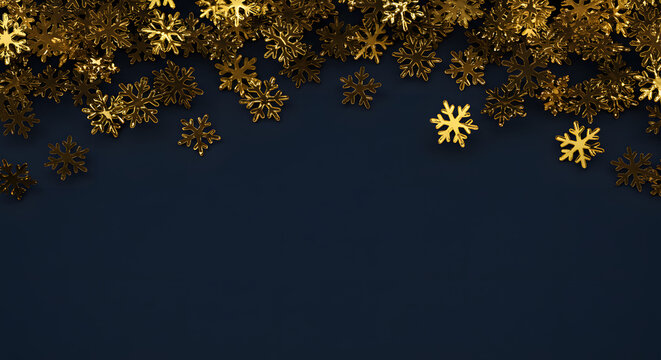Golden snowflakes falling on dark blue background