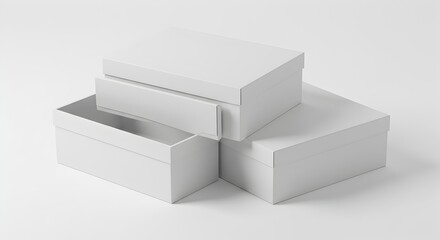 Naklejka premium Stack of three white square gift boxes, neatly arranged on a clean white background, perfect for presentations.