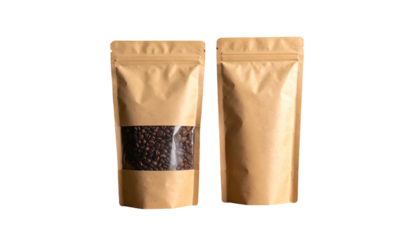 Two kraft paper pouches, one with visible dark coffee beans, against a stark black backdrop
