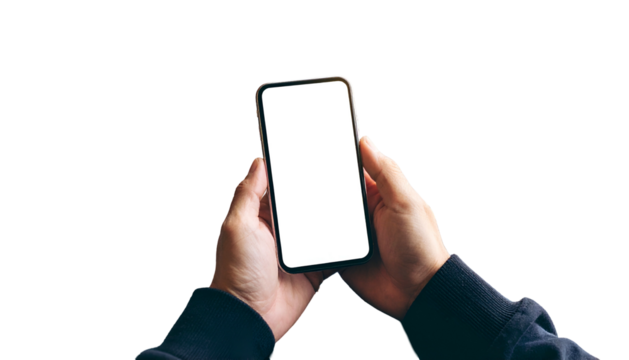 Person holding smartphone with bright blank screen against a dark background