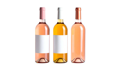 Three bottles of wine with differing colors, blank labels, against a black background