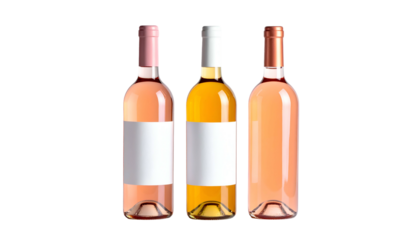 Three bottles of wine with differing colors, blank labels, against a black background